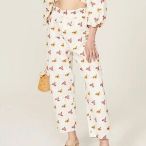 Farm Rio White Embroidered Flower White Drawstring Waistband Pants Size Small